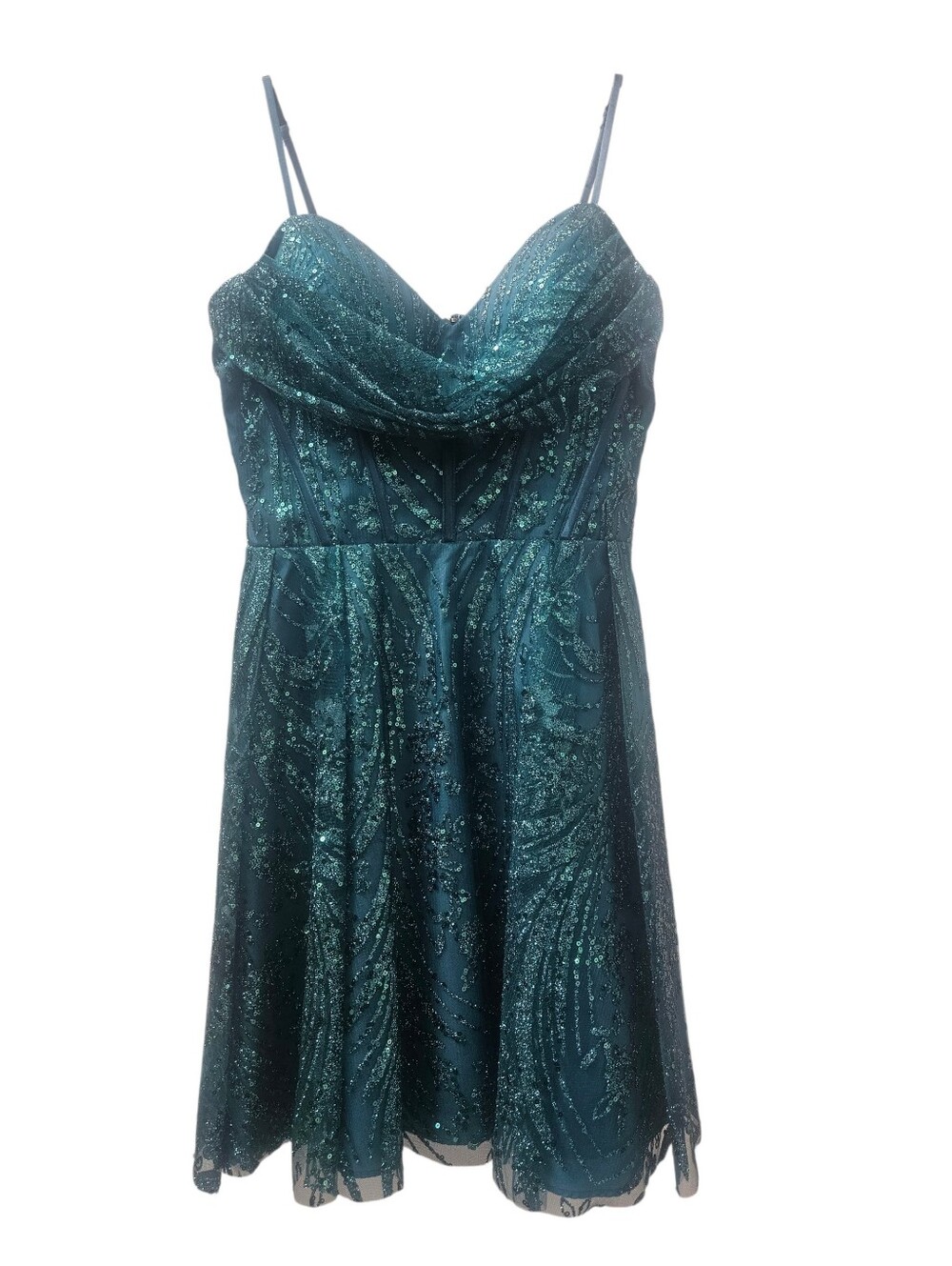 Blondie Nites Teal Sparkle Cowl Neck Party Dress
